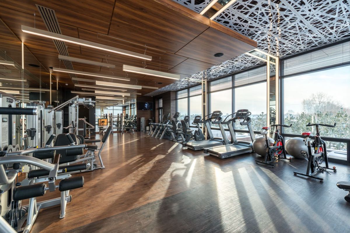 A gym floor of treadmills and weight machines under tall daylight windows.